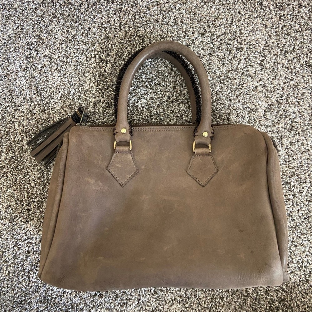 Duffel bag tan purse with beading on handles boho fringe tassel